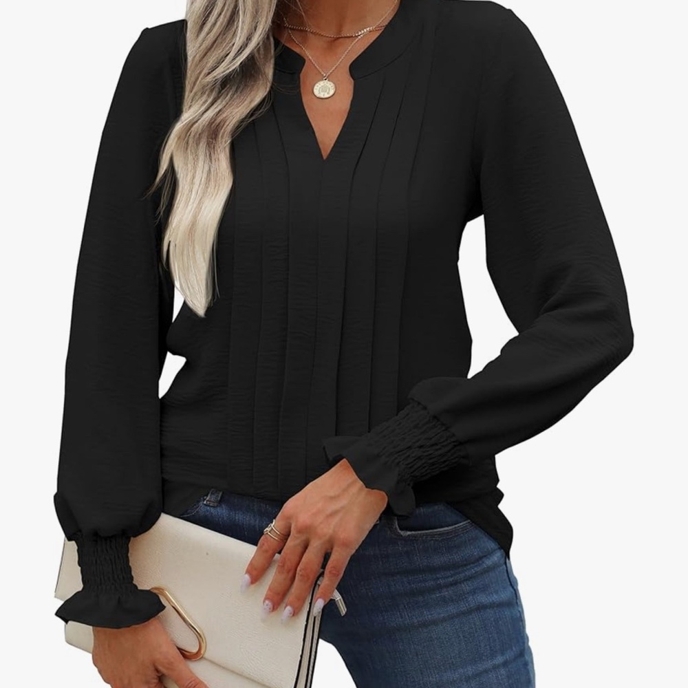 Women's Pleated Front V-Neck Long Sleeve Top